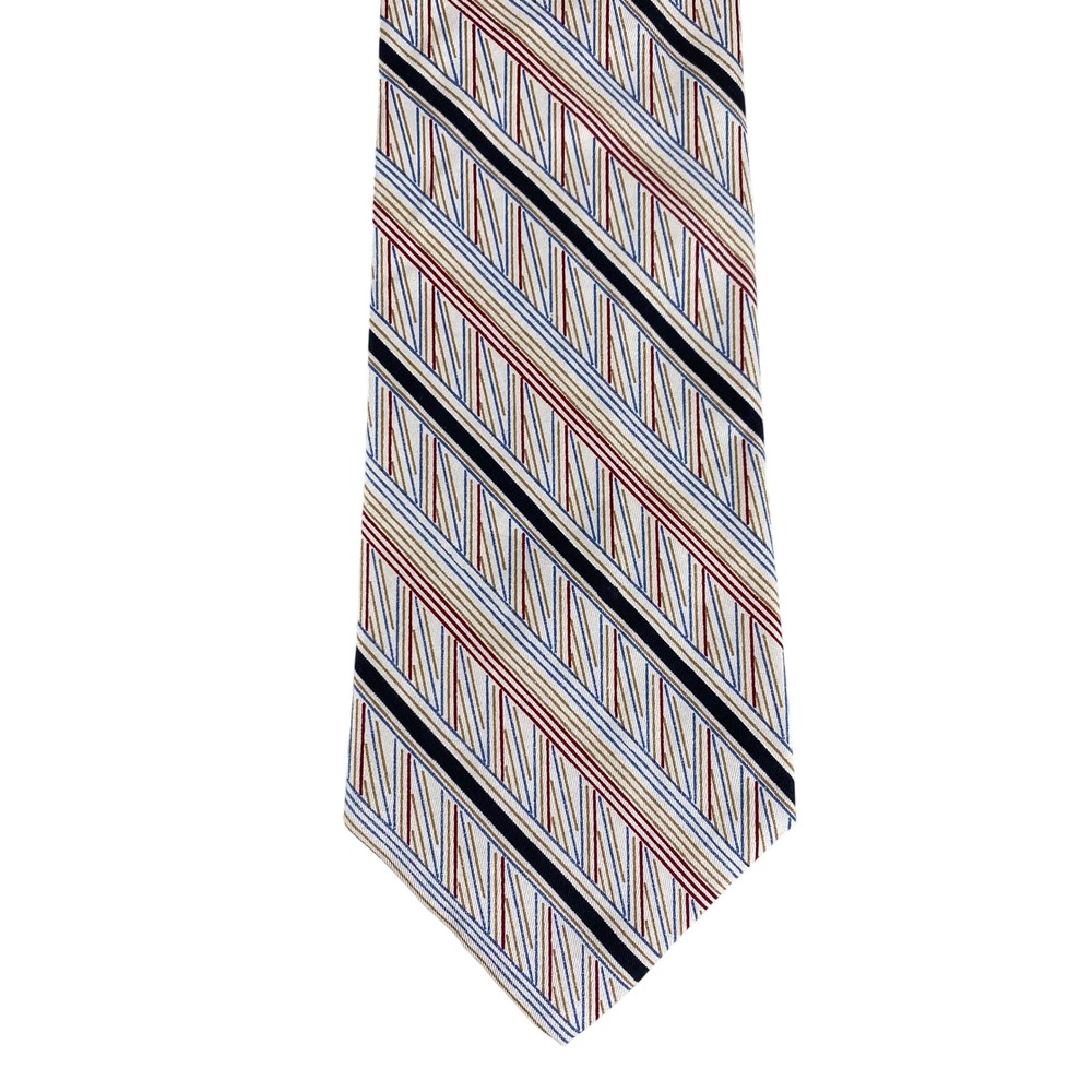 VTG‎ Di Mario Mens Tie Silk Geometric Striped Navy Red Italian Business 54x4